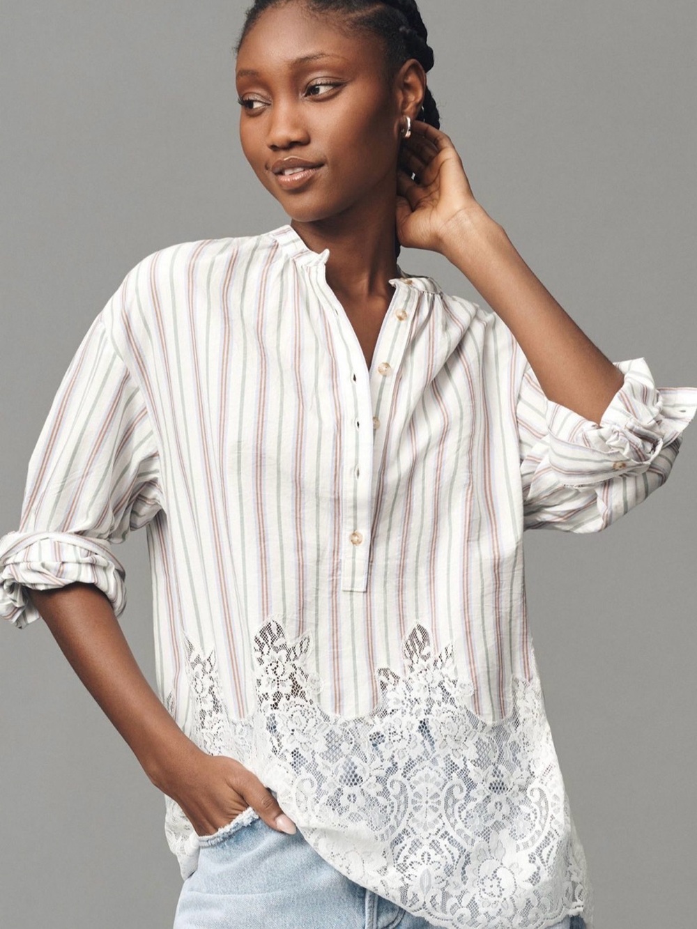 Anthropology Pilcro white with vertical stripes blouse, lace trim, size 1XL NWT